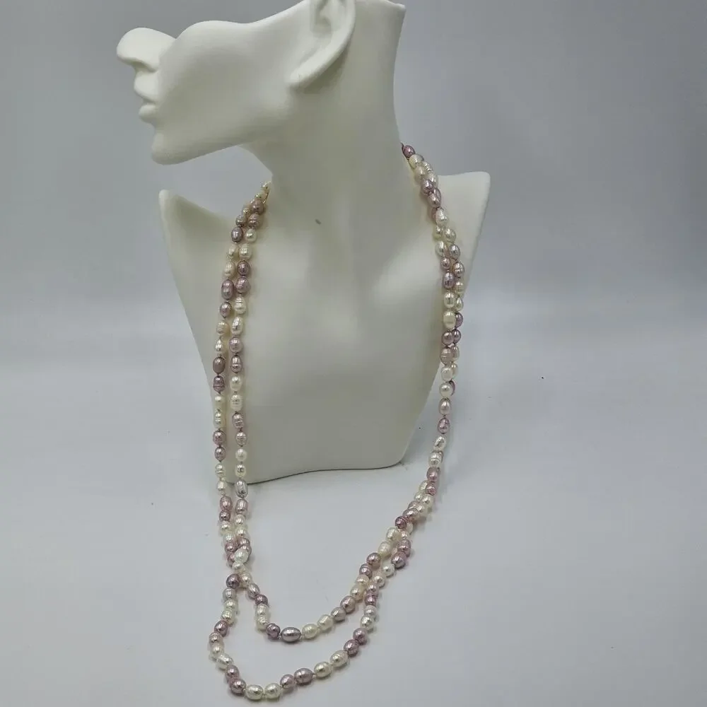 Pastel Pink White Faux Pearl Flapper Opera Necklace GSJ 63